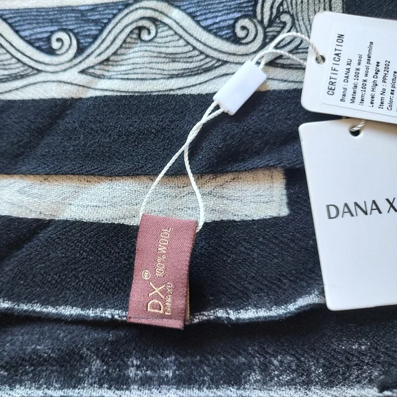 Dana Xu WOOL Oversized Scarf Blanket Pashmina Blue Cream Black Wrap Large